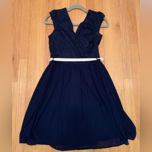 ModCloth Mystic LA Navy Blue lace top dress with ivory satin belt, small